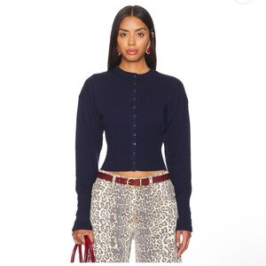 Lioness Navy Ribbed Button-Up Cropped Cardigan